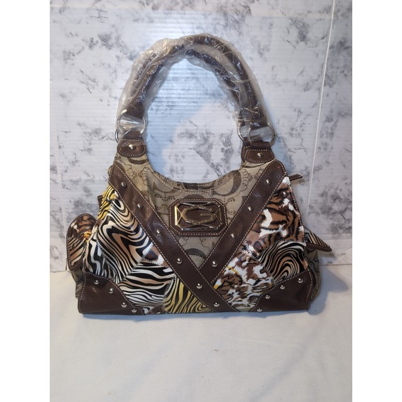 The Unbranded Brand Handbags - GUESS ? Patchwork Animal Purse Bag Silver Logo Hardware Double Handles 14.5"x9"